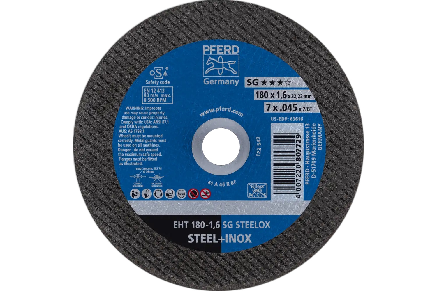 Picture of Pferd Cut-Off Wheel, 7" X .045 X 7/8, Sg Steelox, T1, Aluminum Oxide